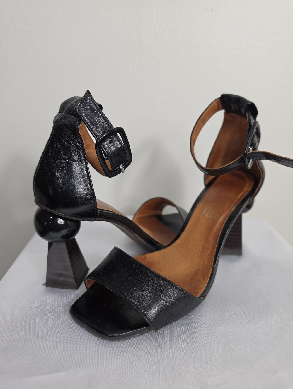 Leather Black Sculpted Heel Ankle Strap Sandals